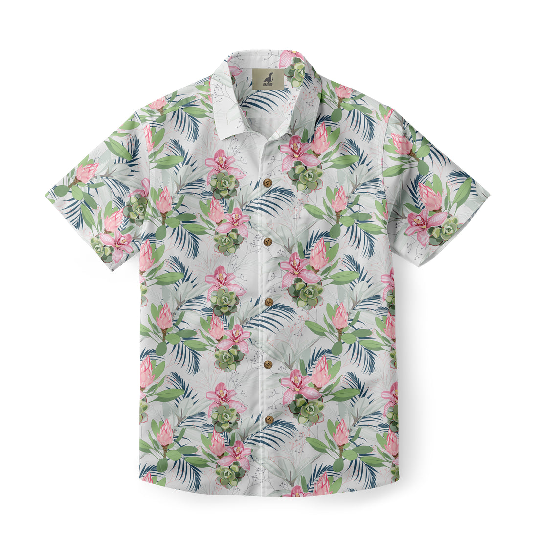 White shirt with pink flowers and green leaves pattern.