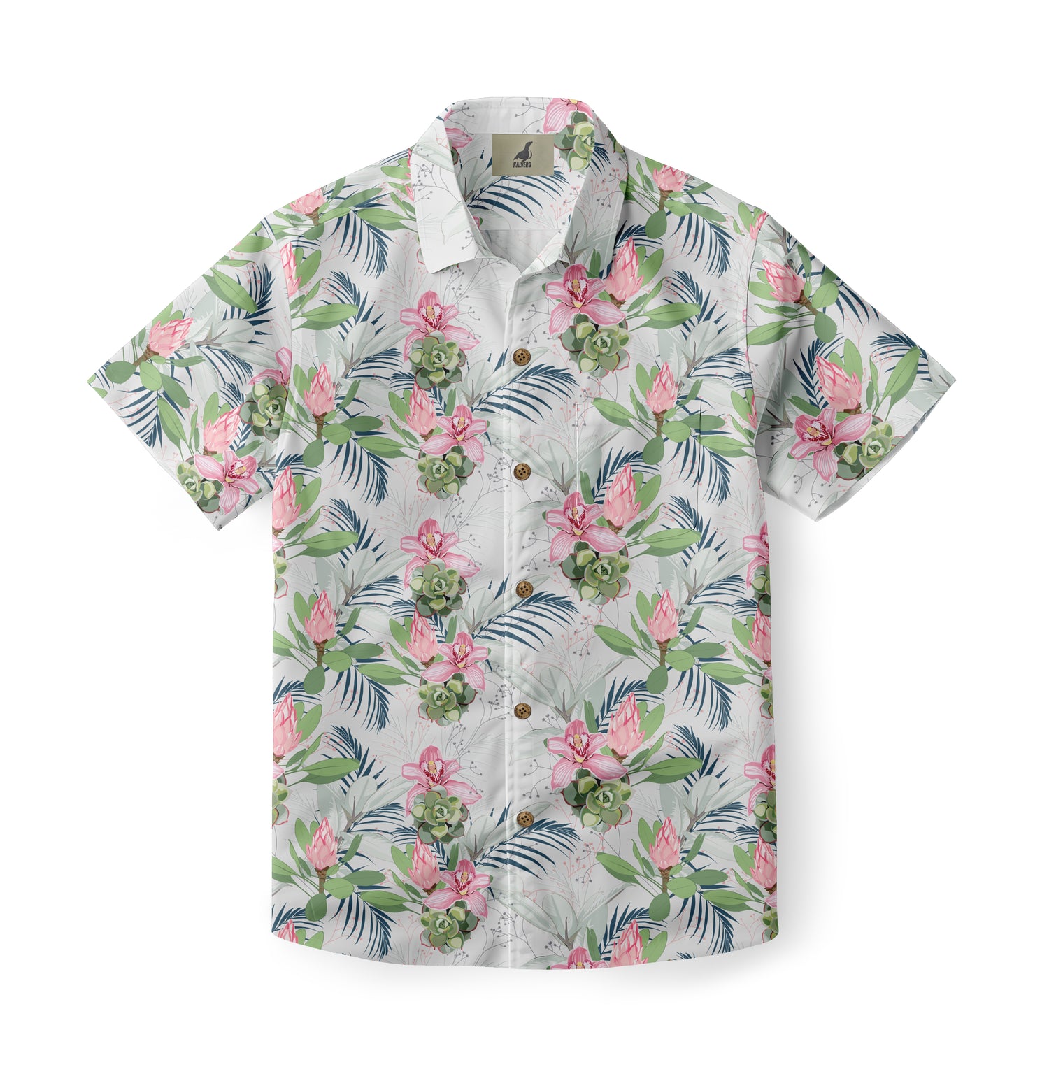 White shirt with pink flowers and green leaves pattern.