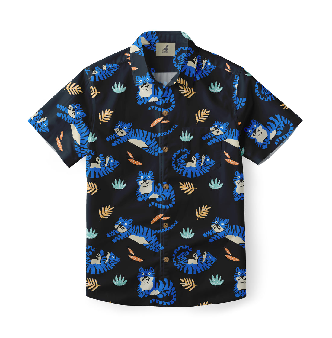 Black shirt with blue tiger print and leaves.