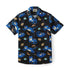Black shirt with blue tiger print and leaves.