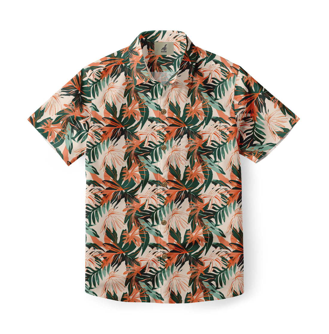 Beige shirt with orange and green tropical leaf print.