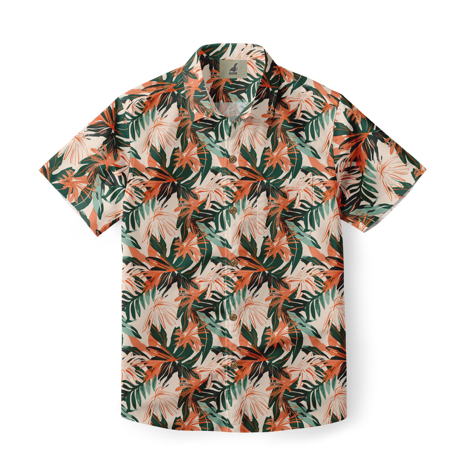 Beige shirt with orange and green tropical leaf print.