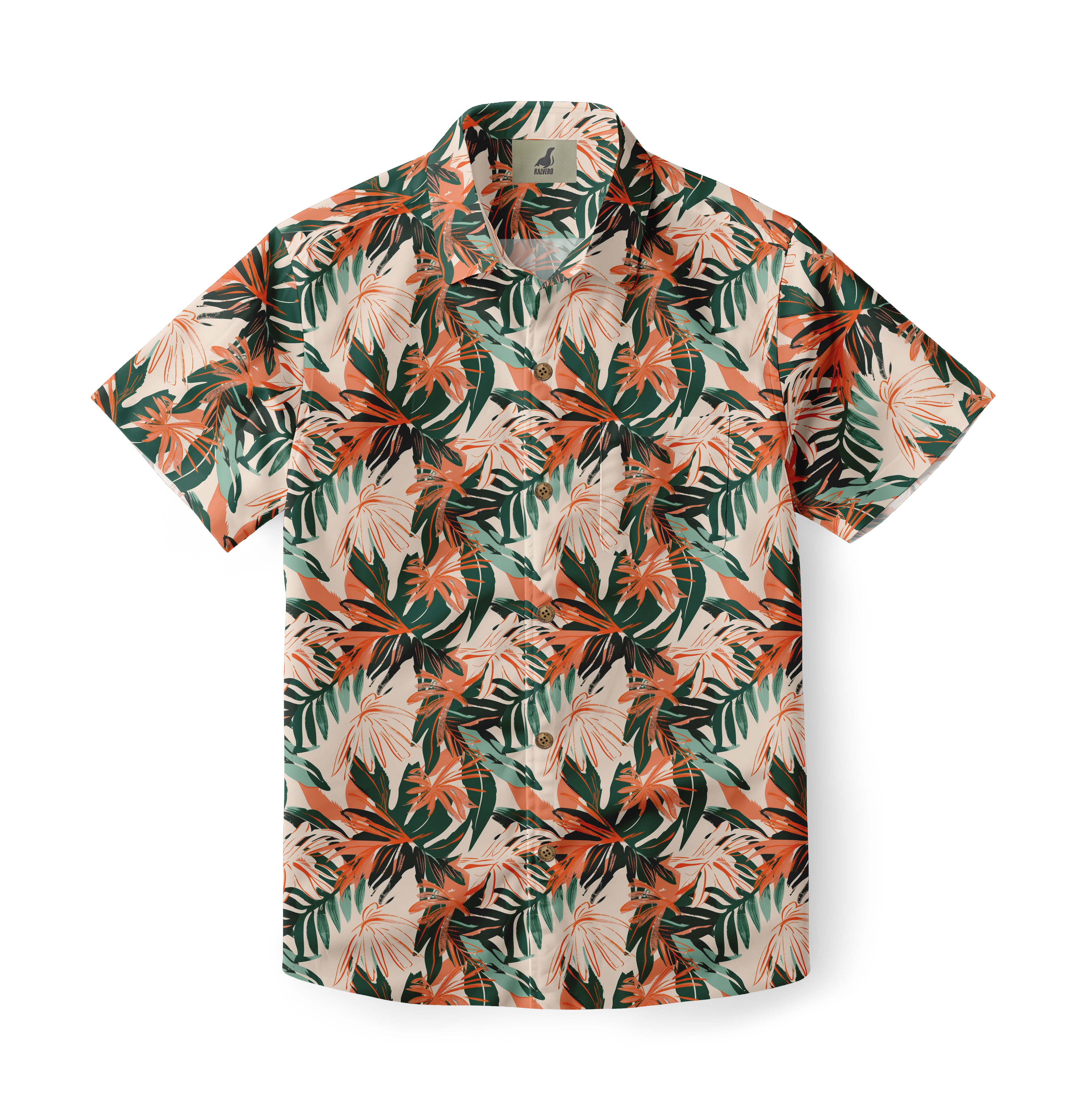Beige shirt with orange and green tropical leaf print.