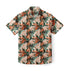 Beige shirt with orange and green tropical leaf print.
