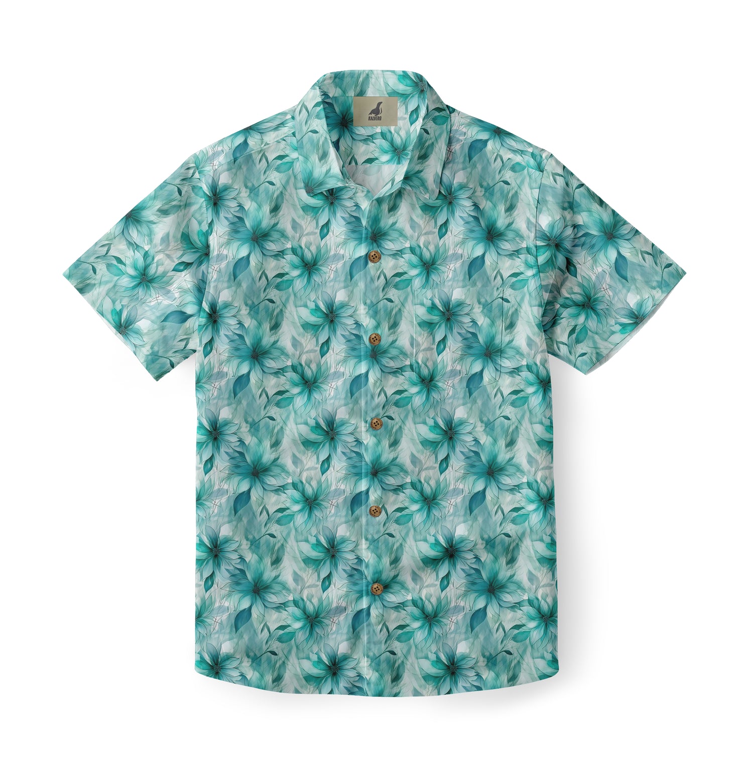 Teal floral short-sleeve button-up shirt with four buttons.
