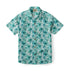 Teal floral short-sleeve button-up shirt with four buttons.