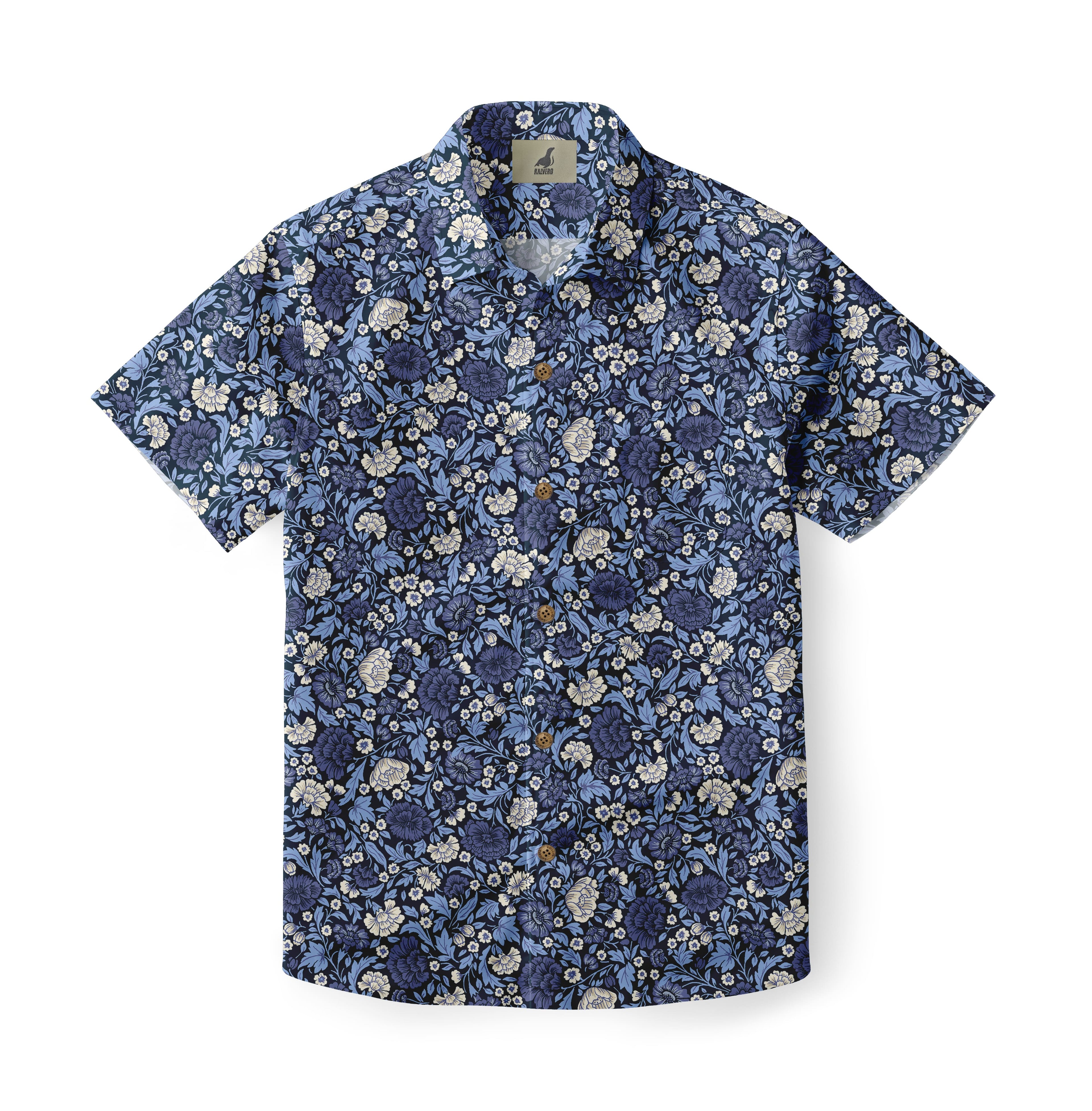Blue floral short-sleeve shirt with button closure.