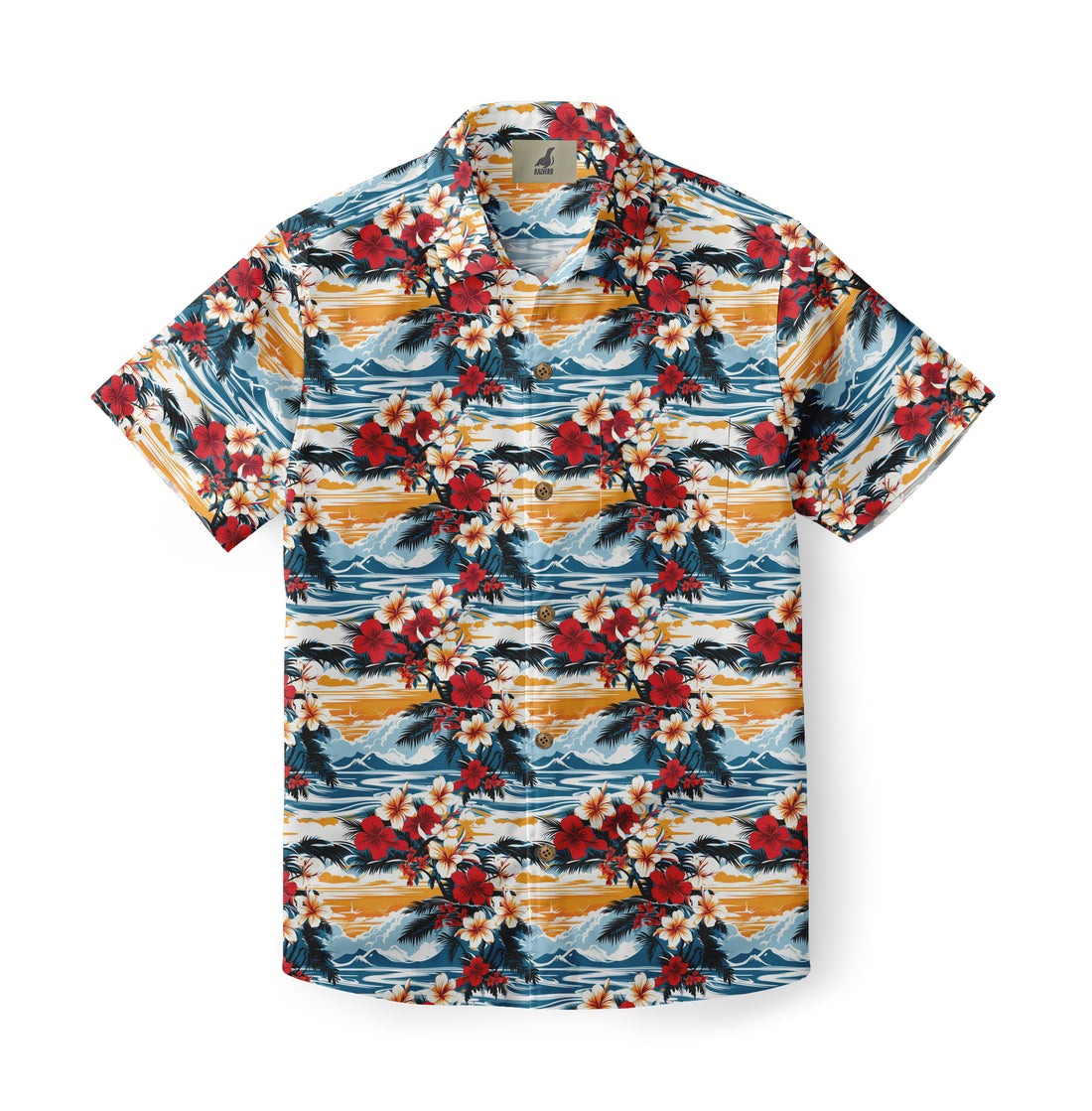 Colorful Hawaiian shirt with floral and wave patterns.