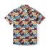 Colorful Hawaiian shirt with floral and wave patterns.