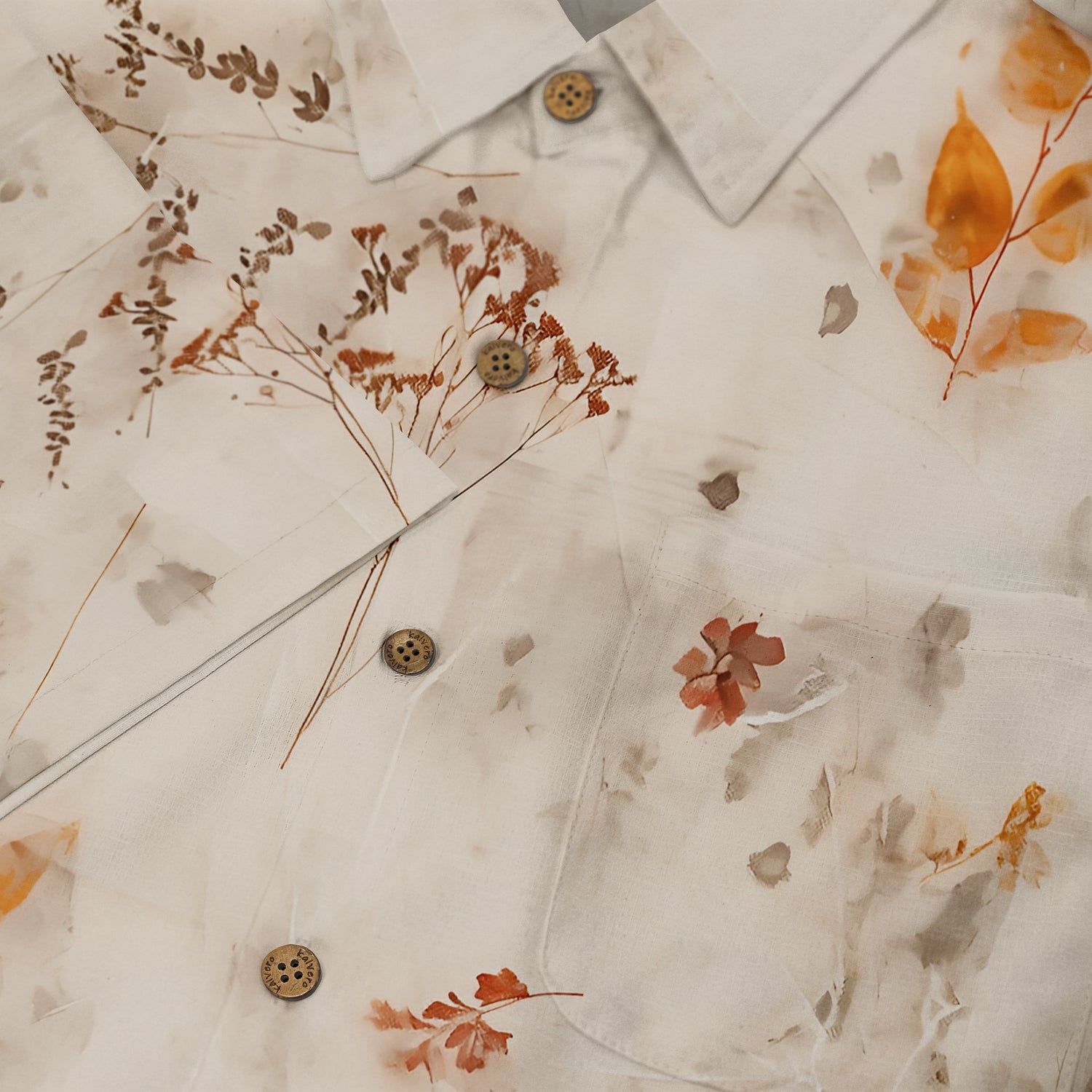 Cream shirt with floral print and wooden buttons, featuring.