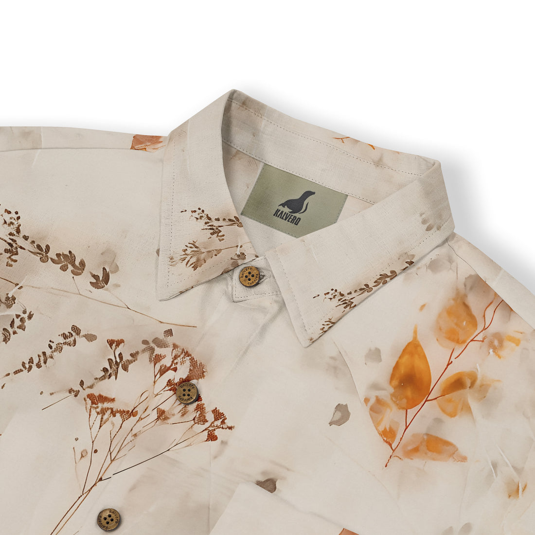 Beige shirt with botanical print, wooden buttons, and Kalvero brand.