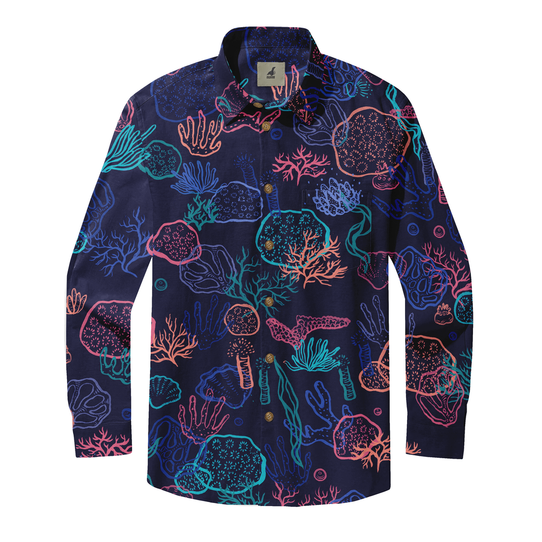 Dark blue long-sleeve shirt with vibrant coral and sea life print.