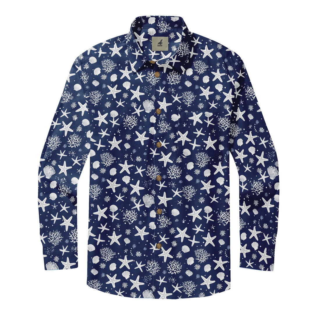 Navy blue long-sleeve shirt with white starfish, shells, and coral.