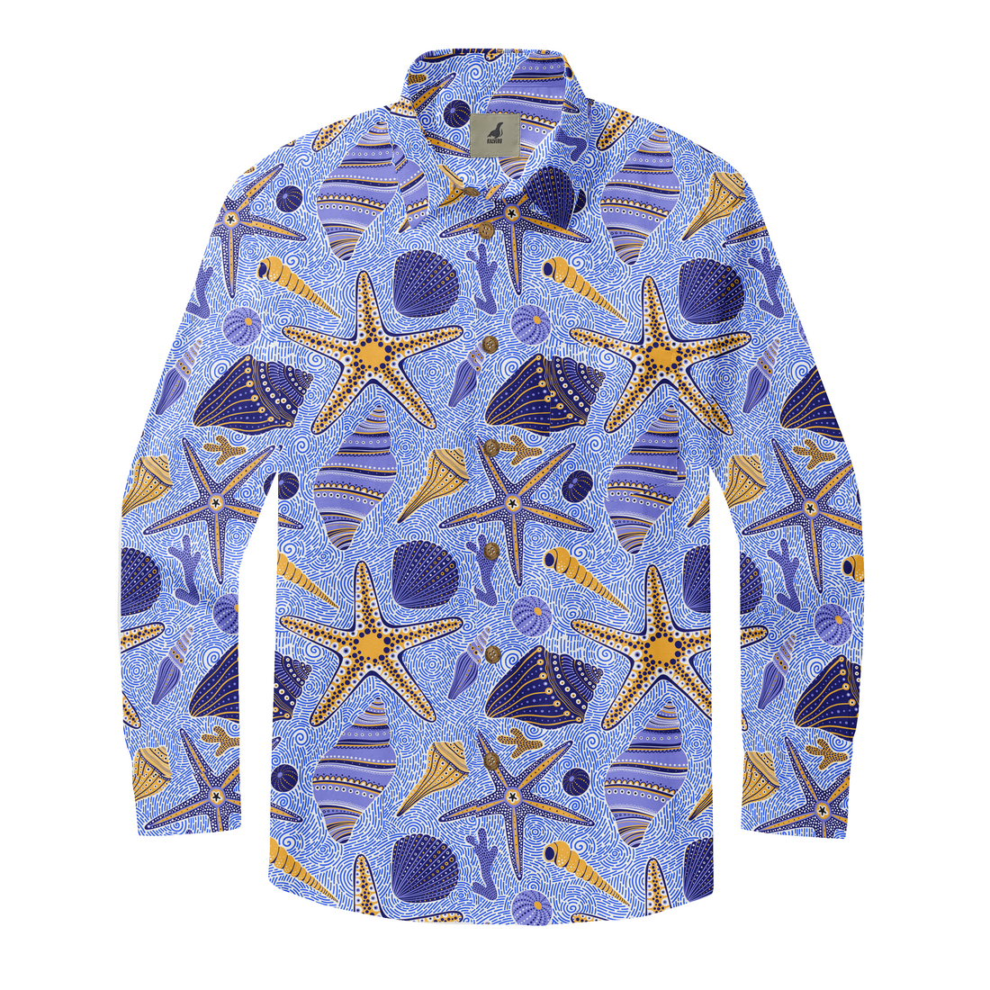 Blue shirt with sea-themed pattern: stars, shells.