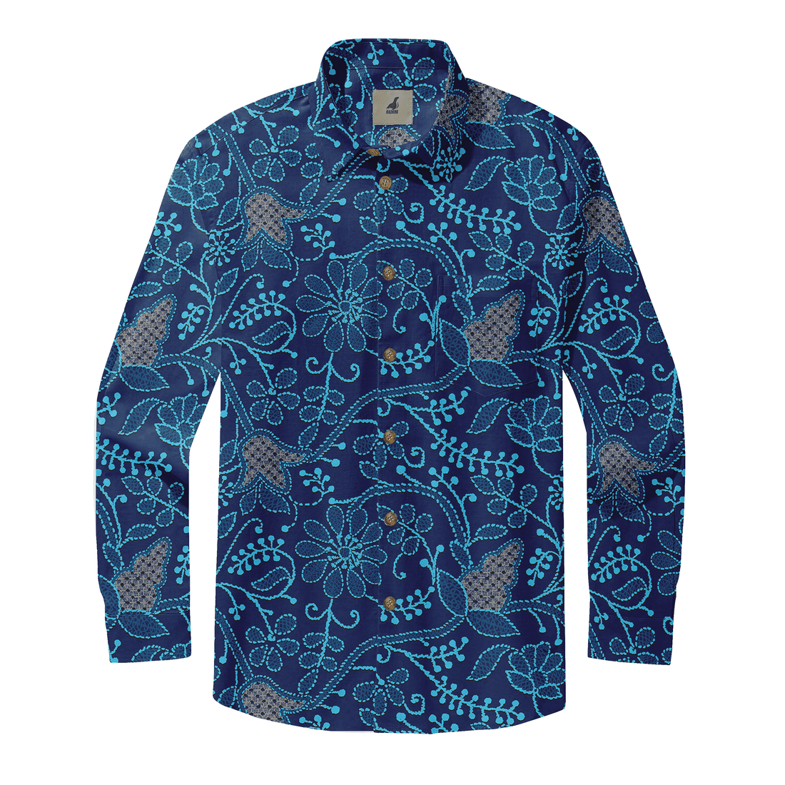 Navy blue shirt with intricate turquoise floral pattern and brown.