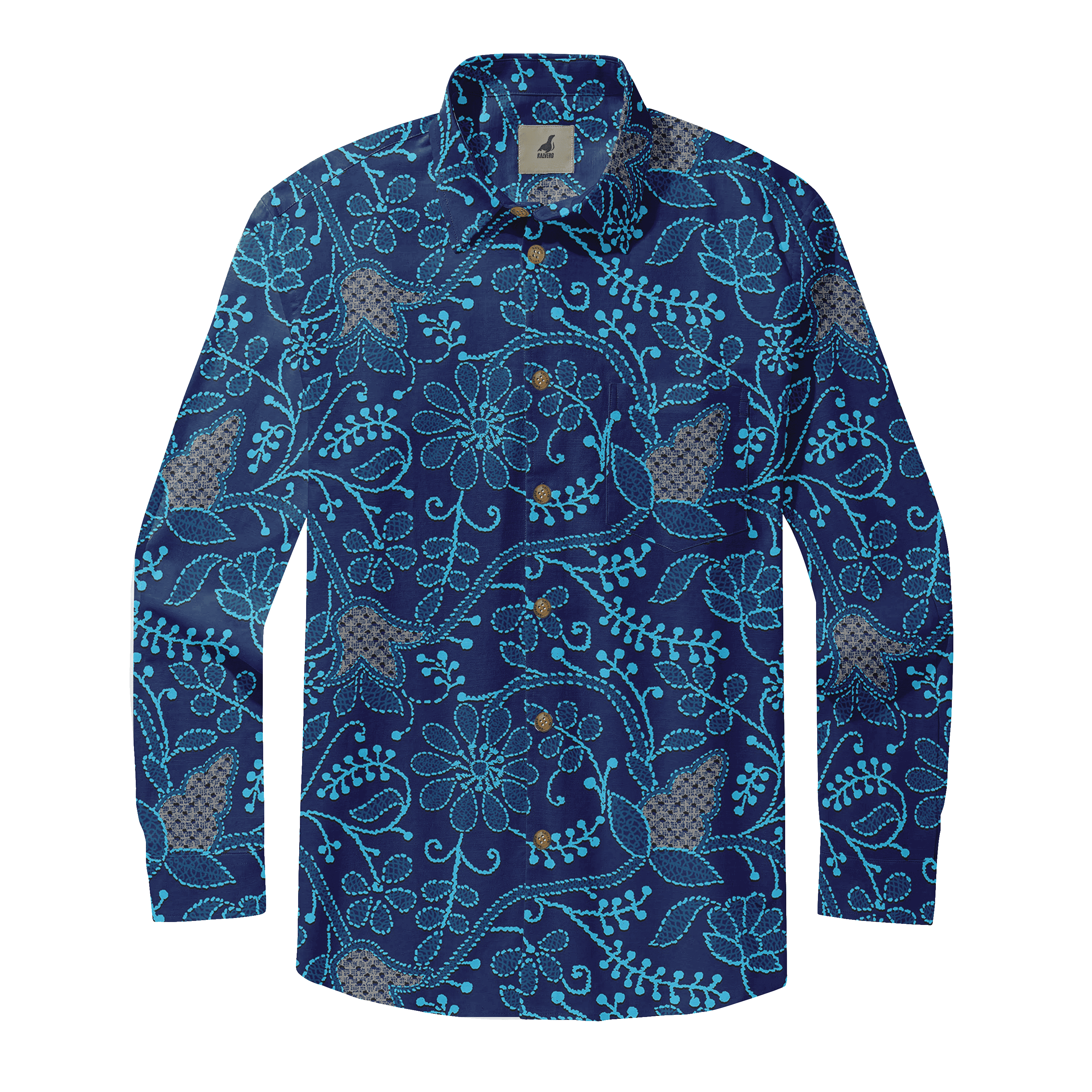 Navy blue shirt with intricate turquoise floral pattern and brown.