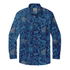 Navy blue shirt with intricate turquoise floral pattern and brown.