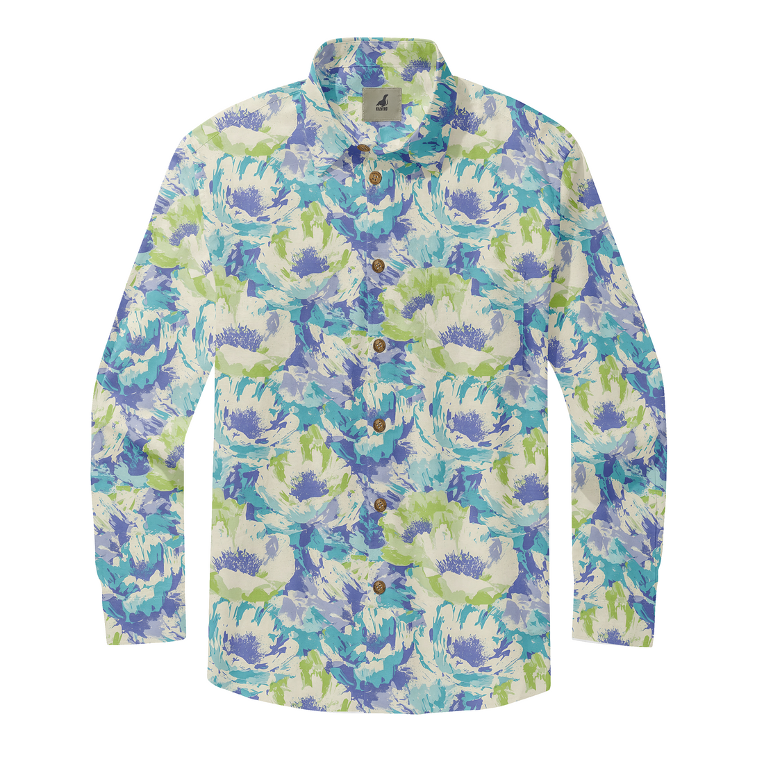 Floral long-sleeve shirt with blue, green, and white pattern.
