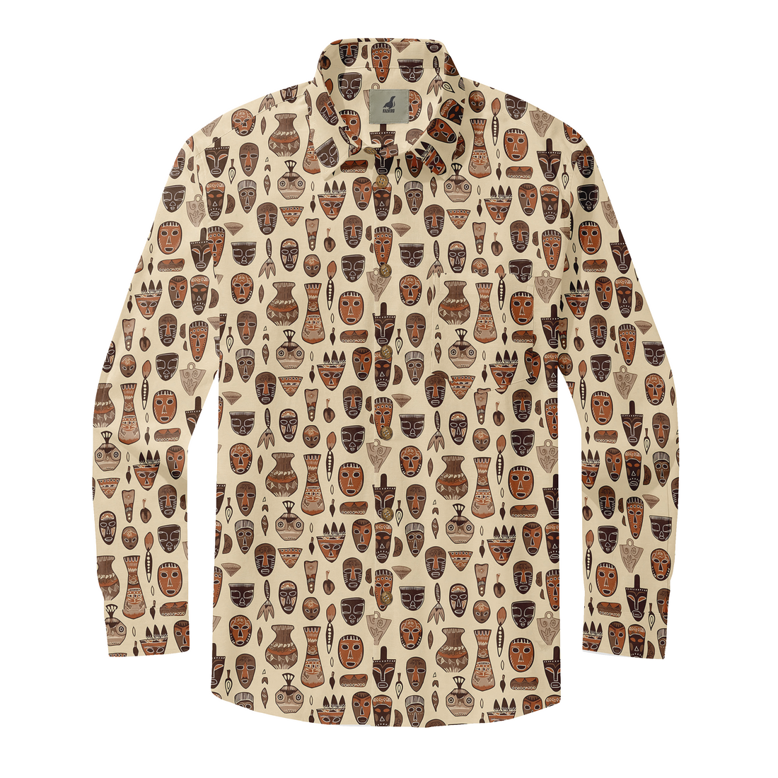 Beige shirt with African mask pattern in brown and black, featuring.