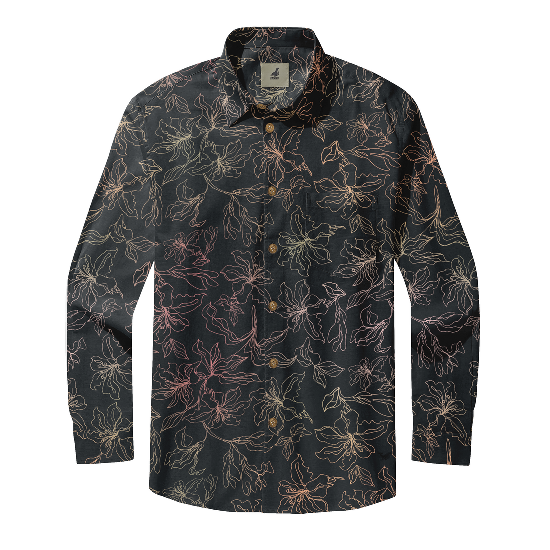 Black long-sleeve shirt with floral outline pattern in pink and gold.