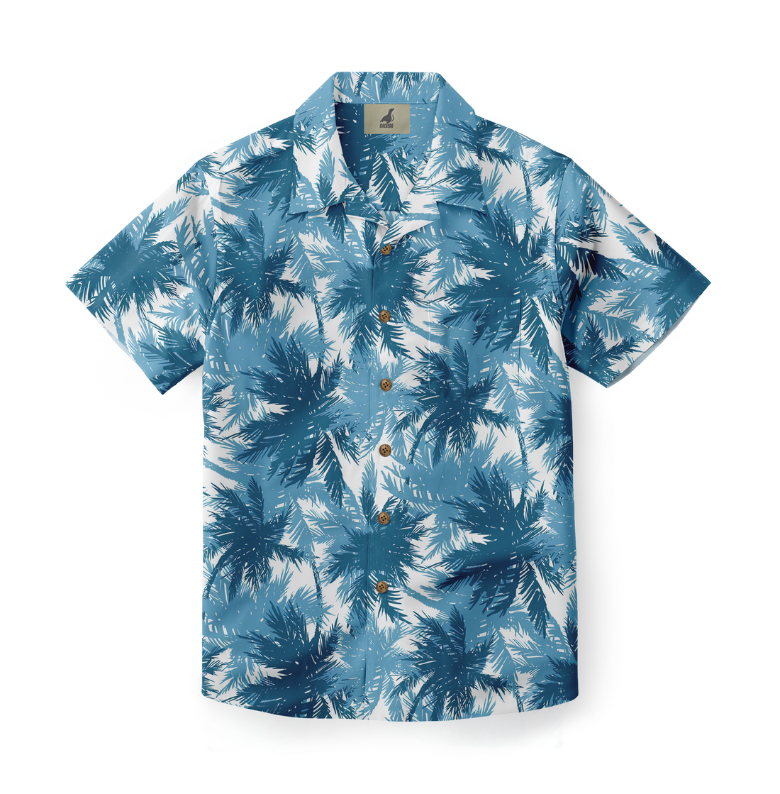 Blue palm tree print short-sleeve button-up shirt.