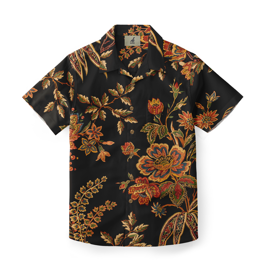 Black short-sleeve shirt with vibrant floral pattern in orange, red.