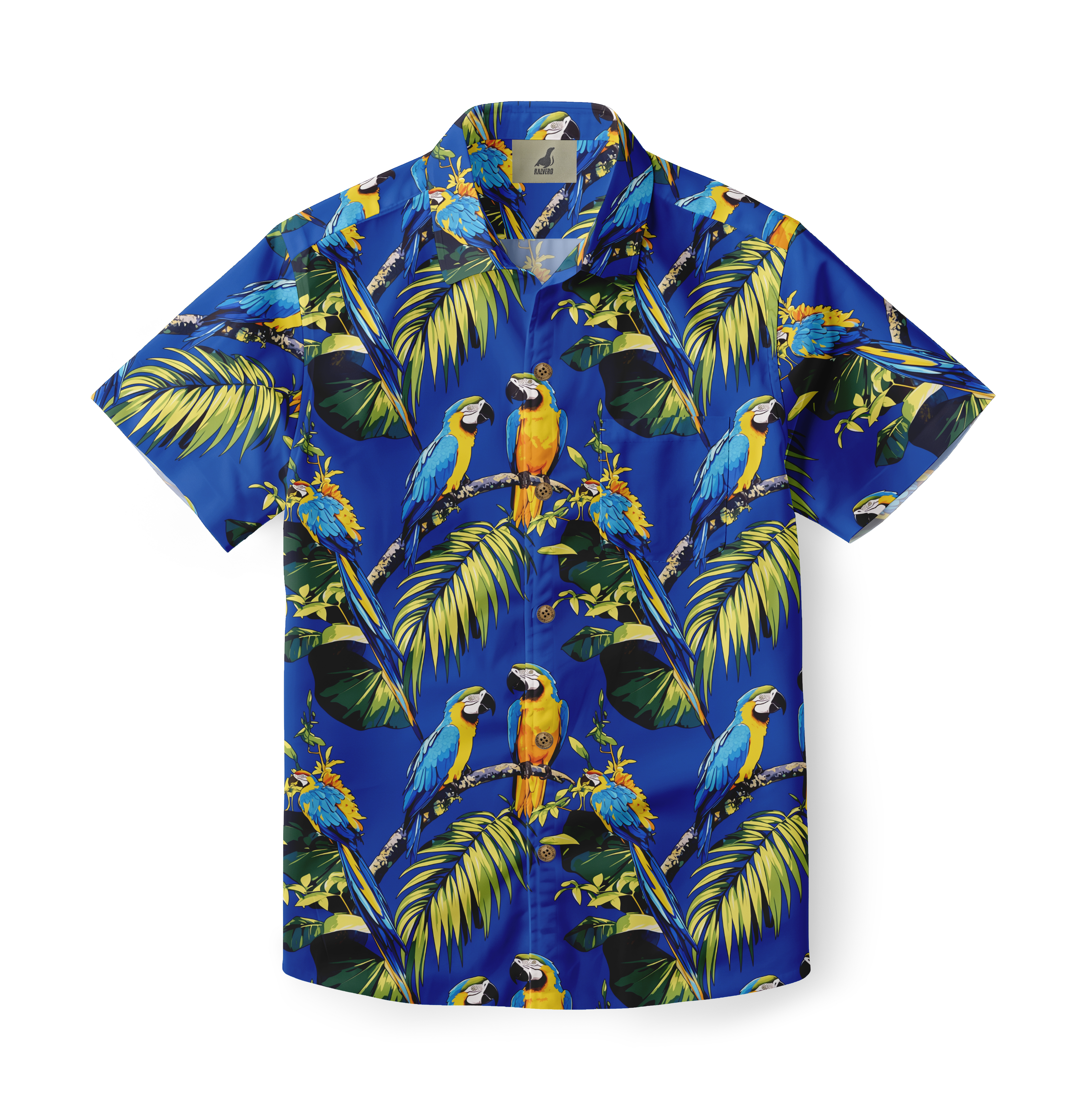 Blue shirt with parrots and leaves pattern.