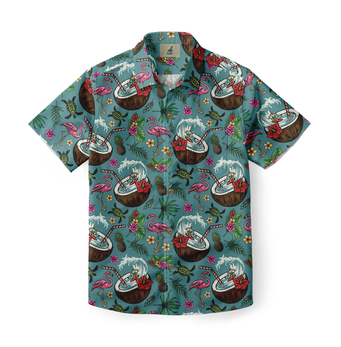 Tropical shirt with flamingos, coconuts, and waves design.