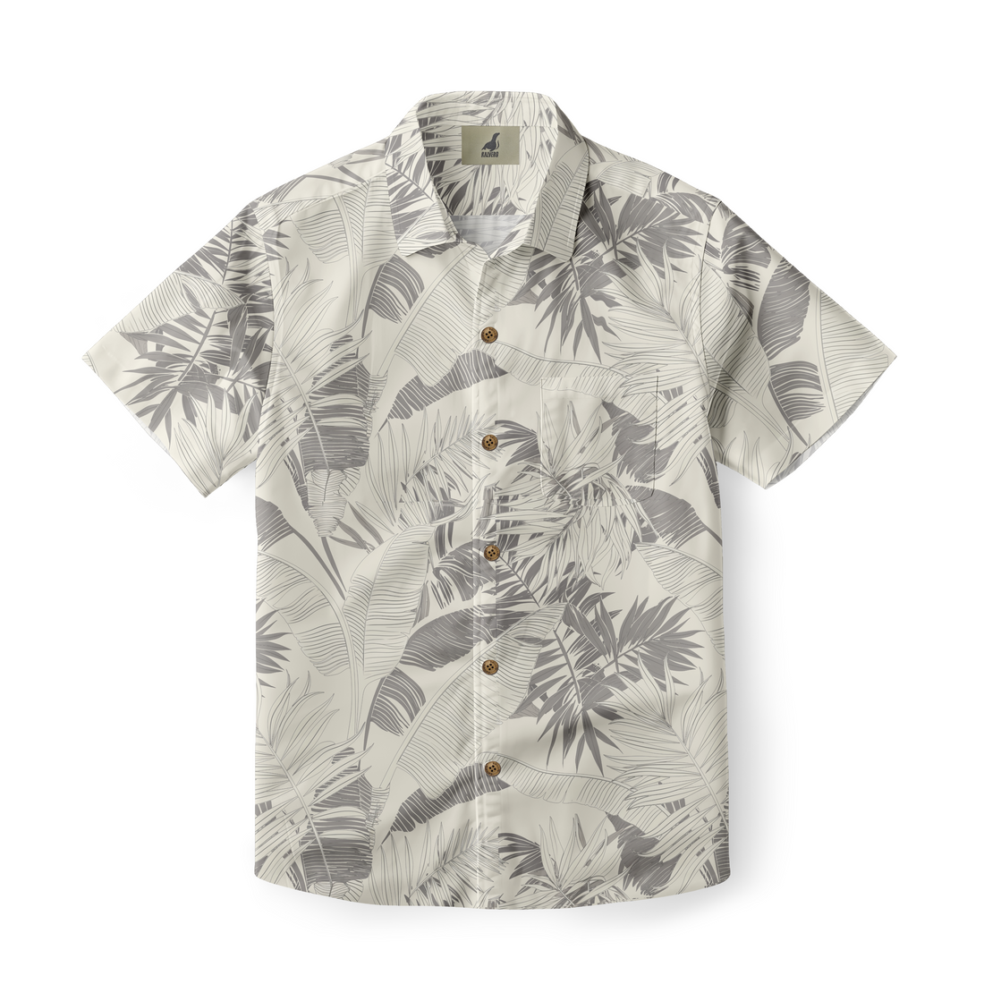 Beige short-sleeve shirt with gray tropical leaf print.