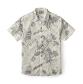 Beige short-sleeve shirt with gray tropical leaf print.