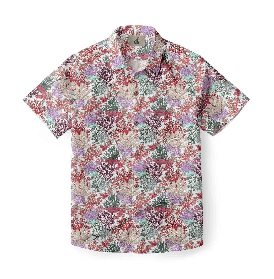 Colorful coral print short-sleeve button-up shirt.