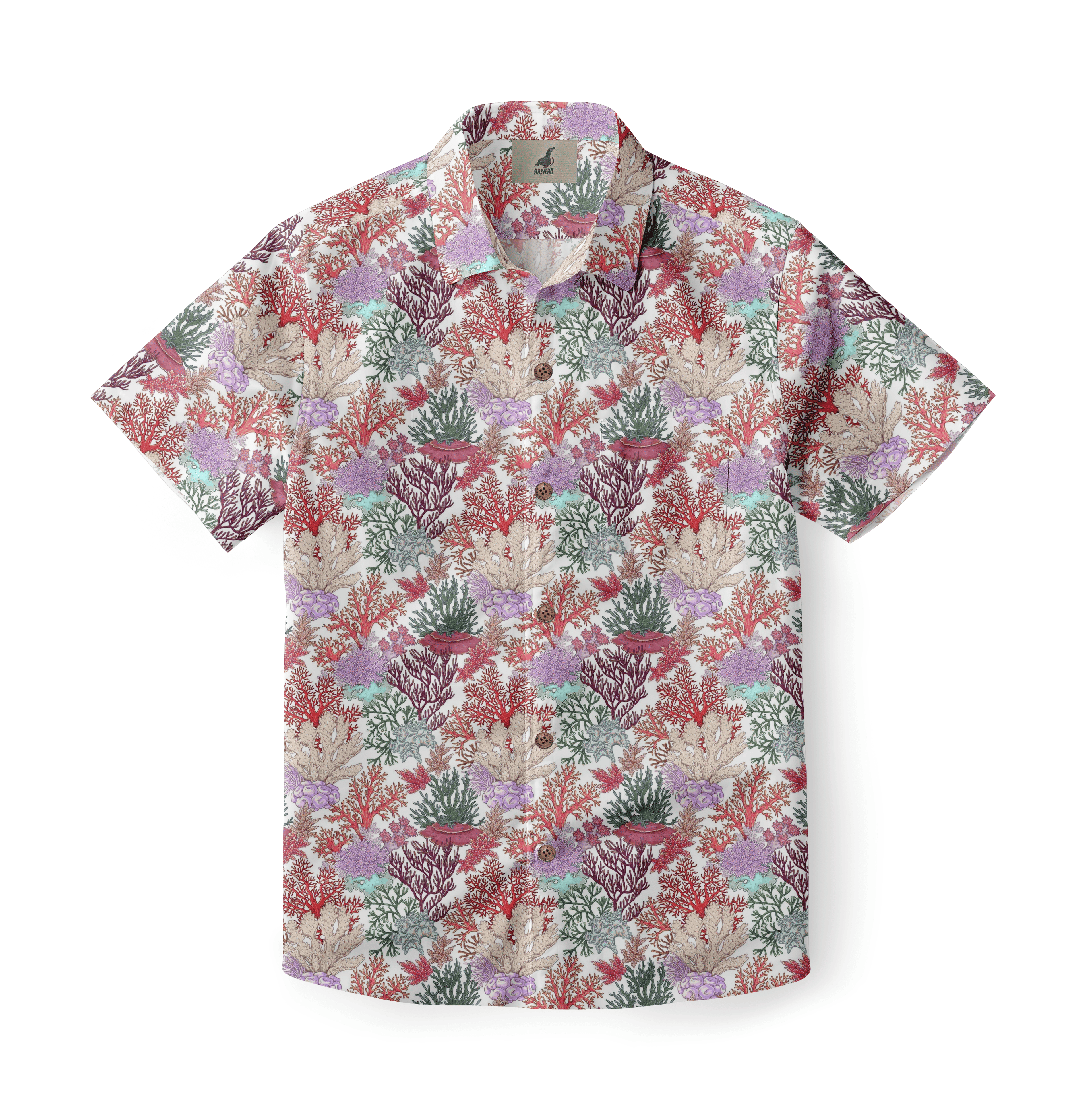Colorful coral print short-sleeve button-up shirt.