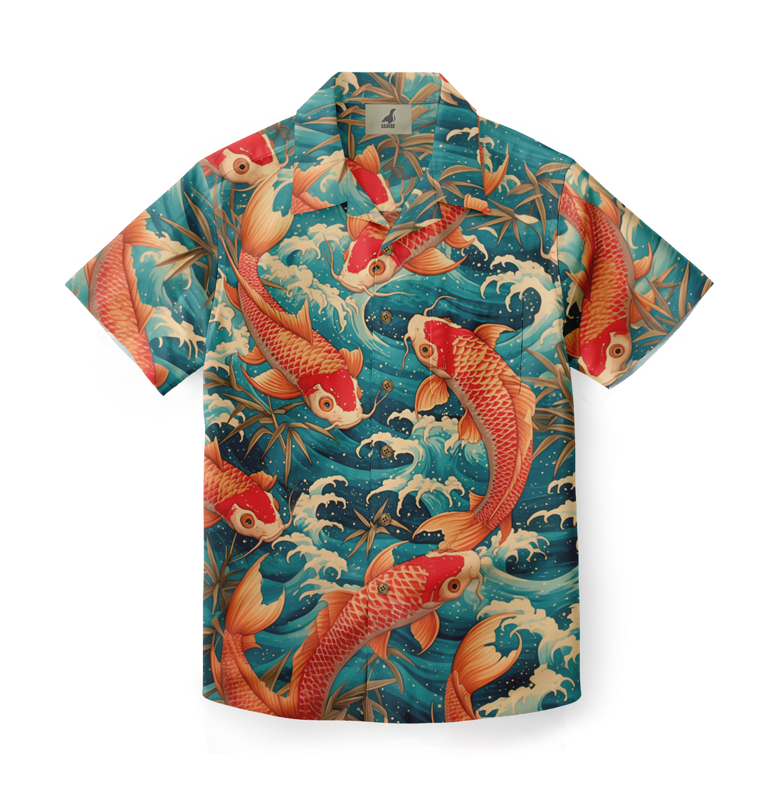 Vibrant koi fish swim through waves and bamboo on a teal Hawaiian.