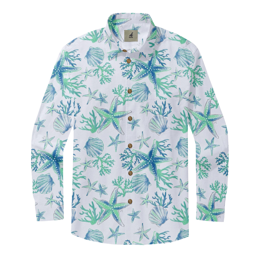 White long-sleeve shirt with blue and green sea-themed print.