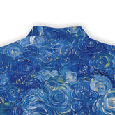 Blue floral patterned shirt with rose design, featuring rich blue.