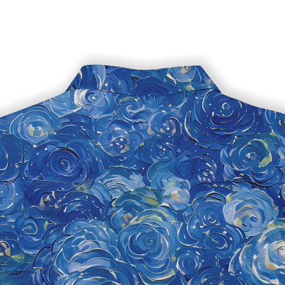 Blue floral patterned shirt with rose design, featuring rich blue.