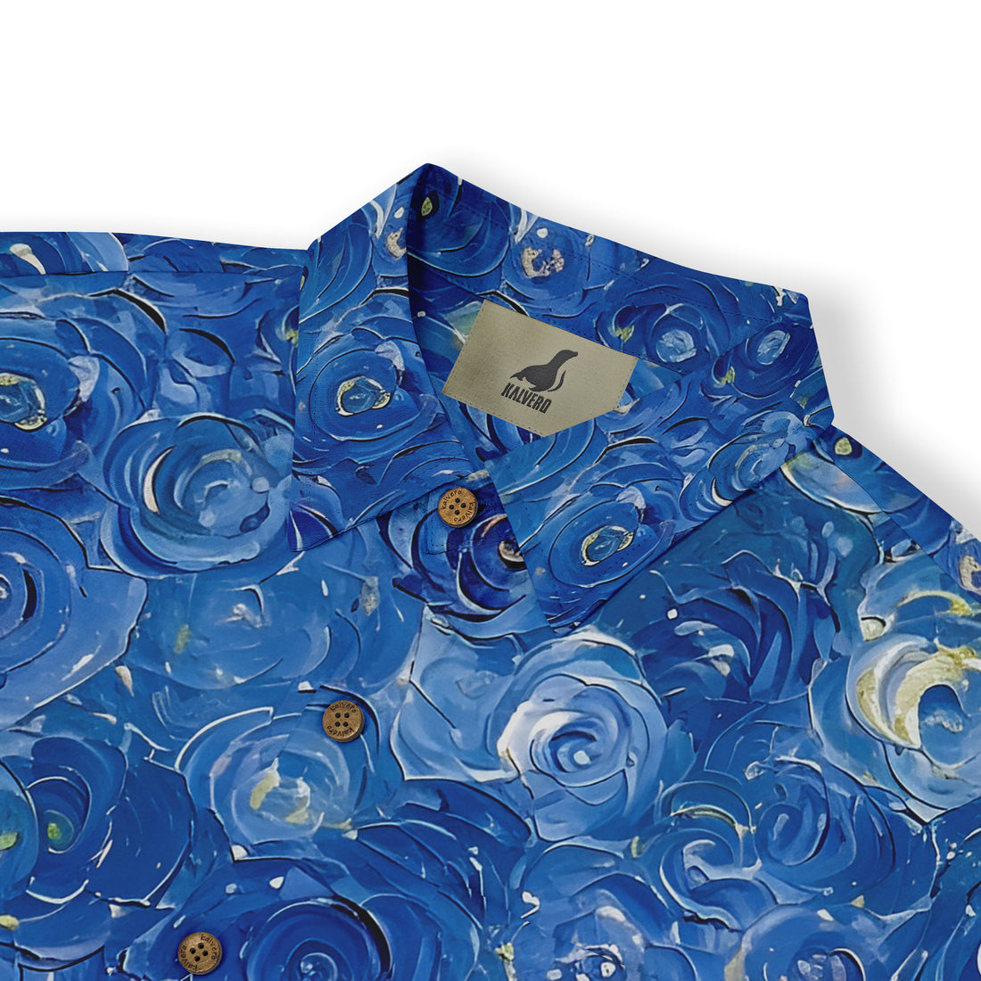 Blue floral-patterned shirt with wooden buttons and a Kalvero brand.