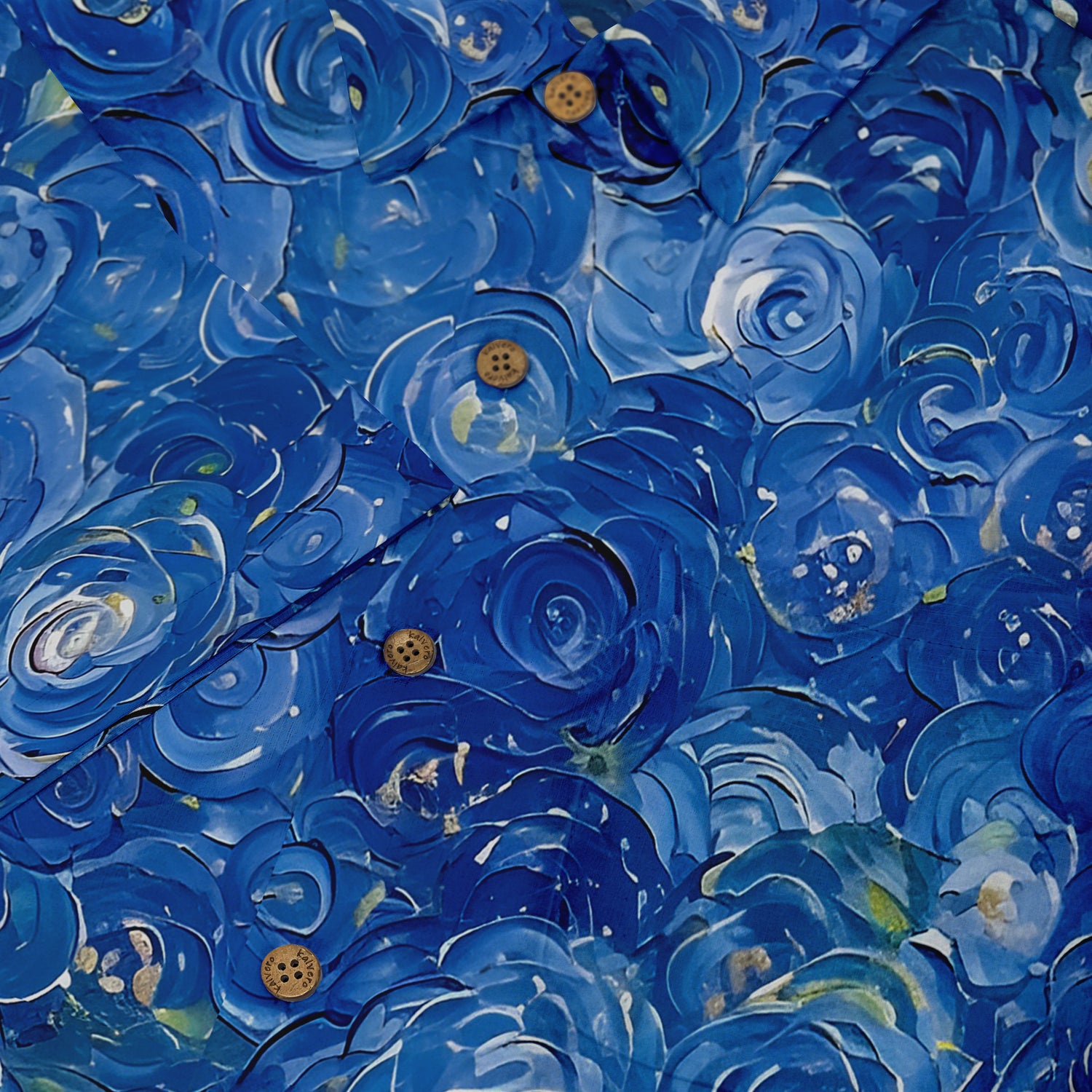 Blue floral patterned fabric with wooden buttons, vibrant.