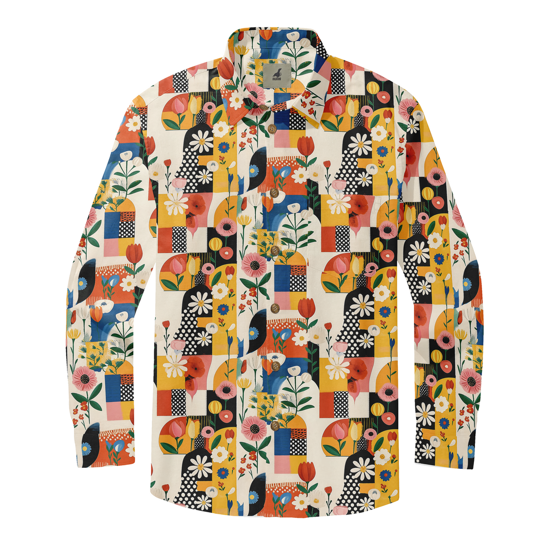 Colorful floral and geometric patterned long-sleeve shirt with.