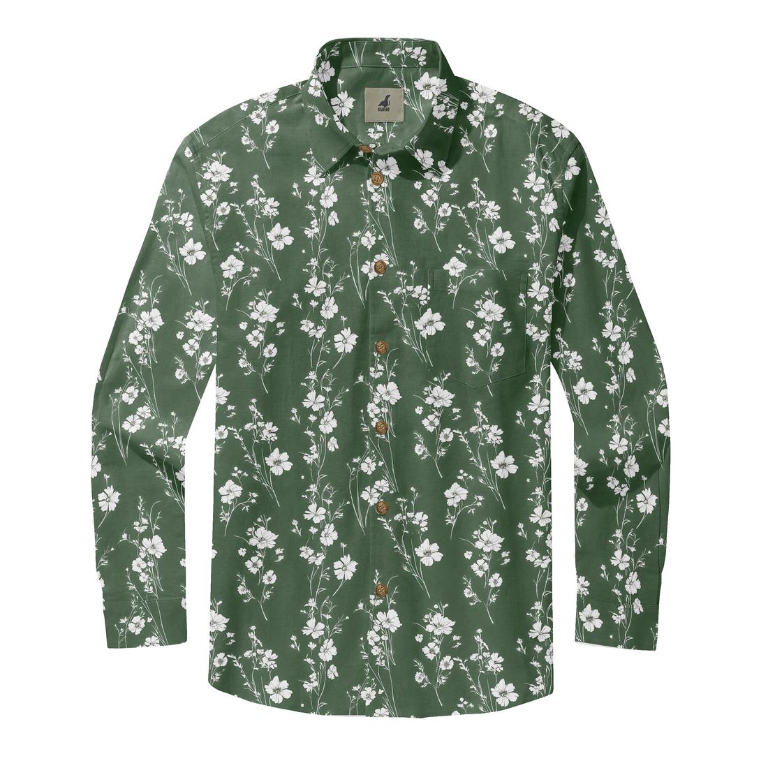 Green long-sleeve shirt with white floral pattern, wooden buttons.