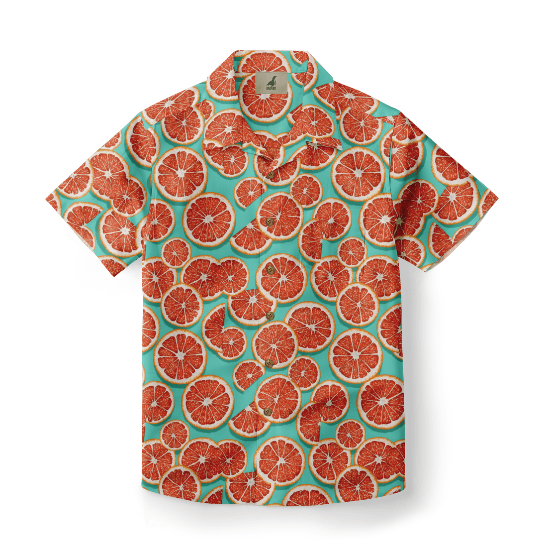 Vibrant turquoise shirt with a bold grapefruit slice pattern.