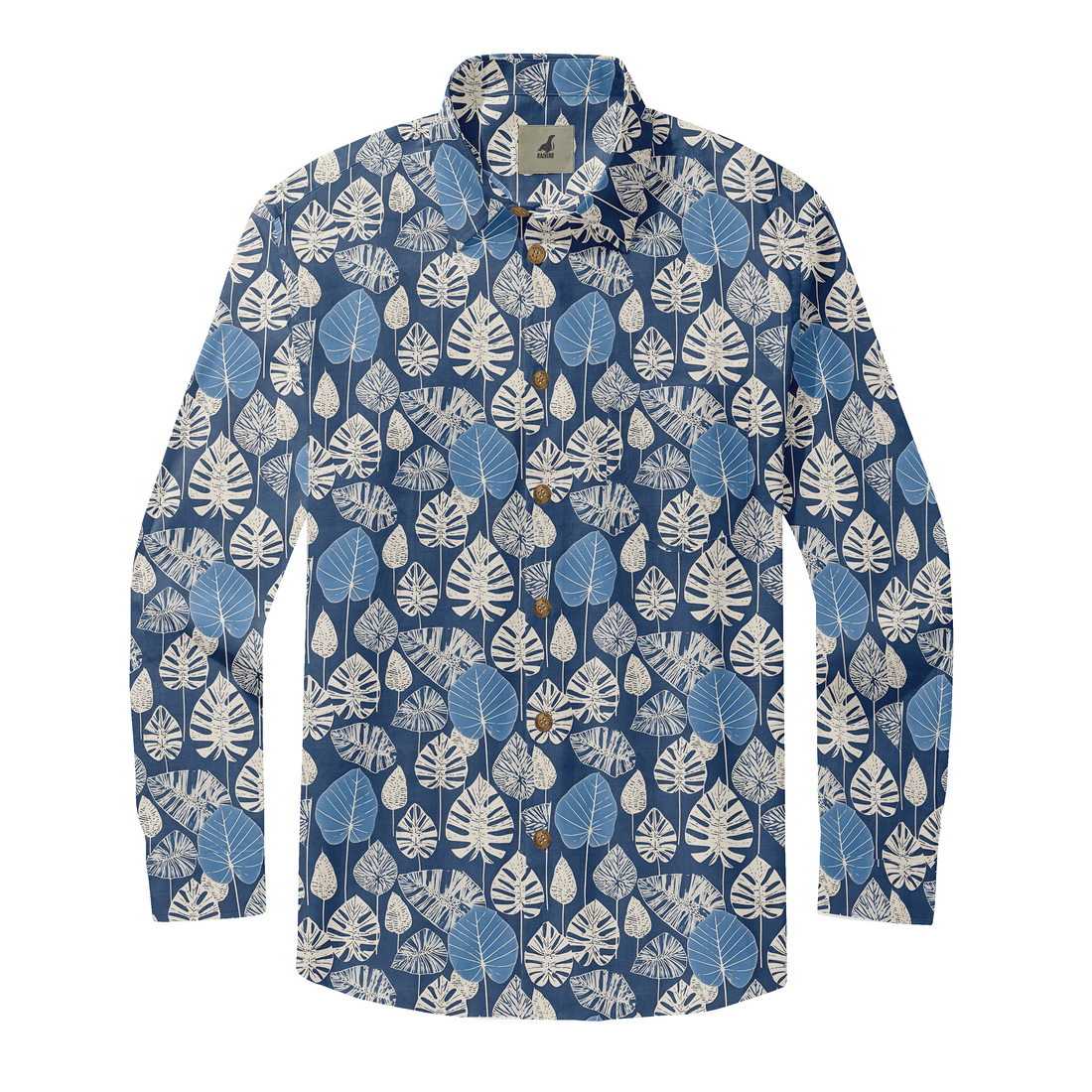 Blue shirt with white and light blue leaf patterns.