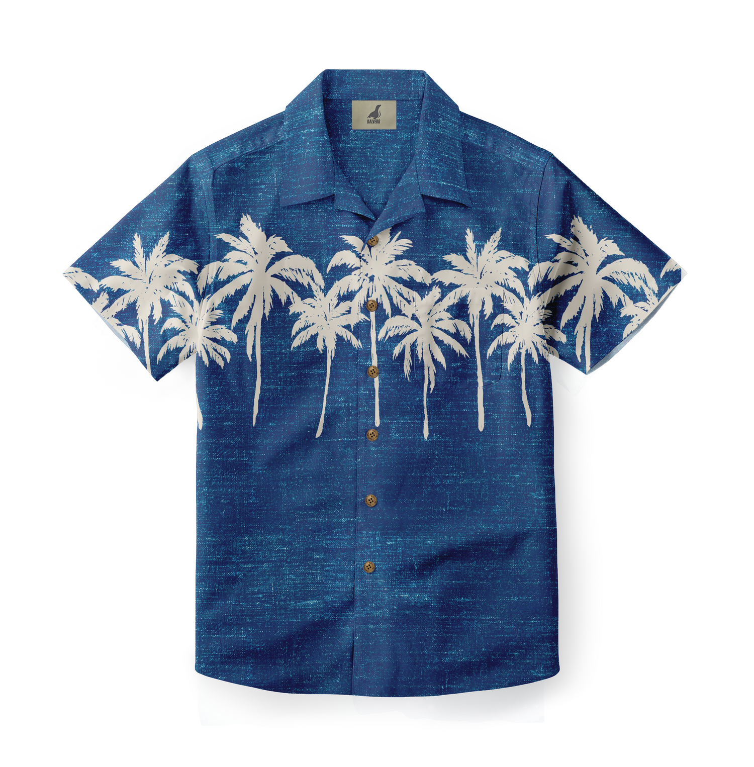 Blue shirt with white palm trees, button-up design.