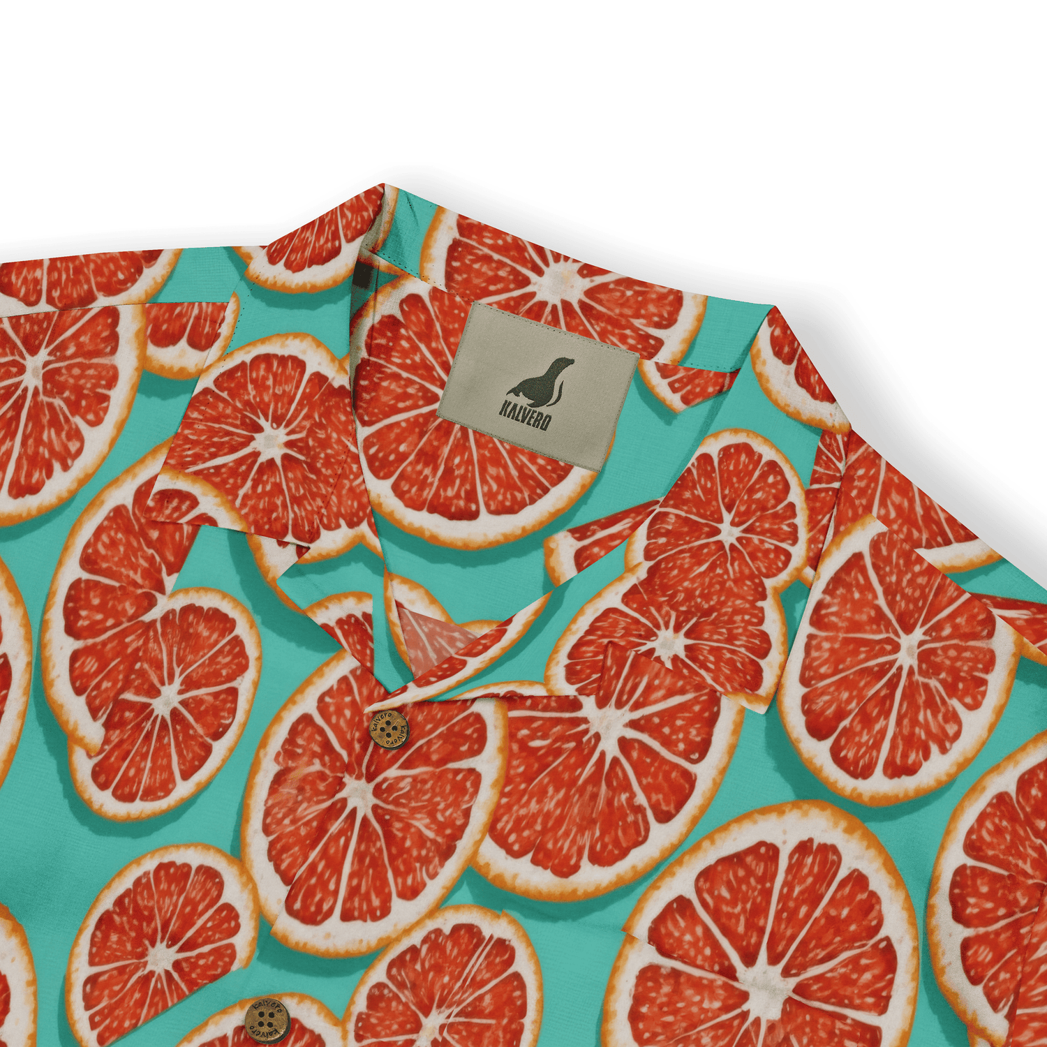 A vibrant shirt with a citrus print featuring grapefruit slices.