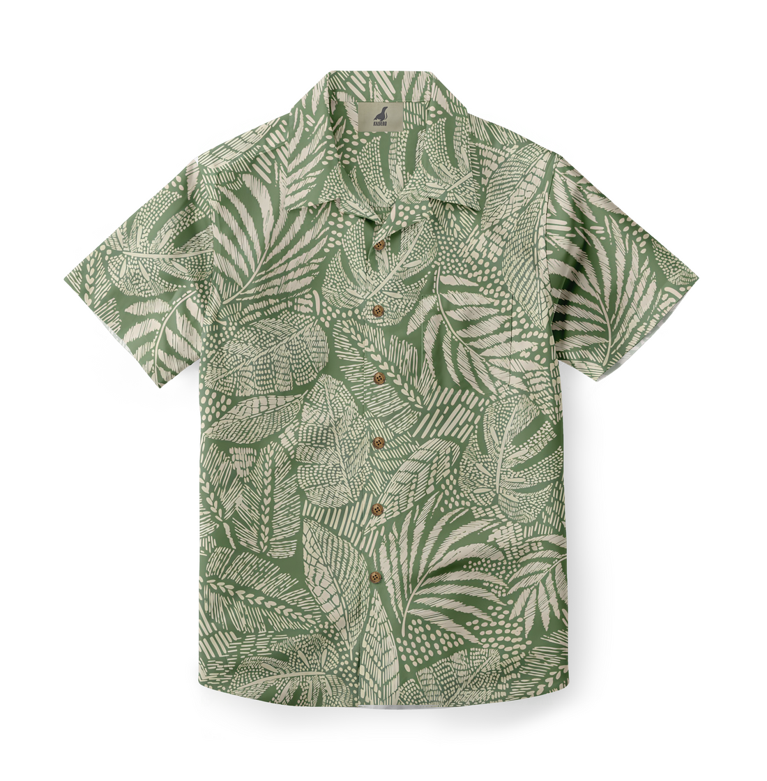 Green short-sleeve shirt with white leaf pattern.
