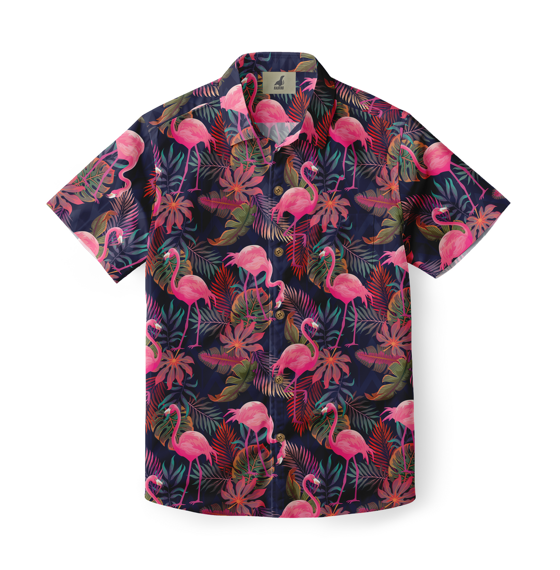 Vibrant pink flamingo print on navy blue short-sleeve shirt.