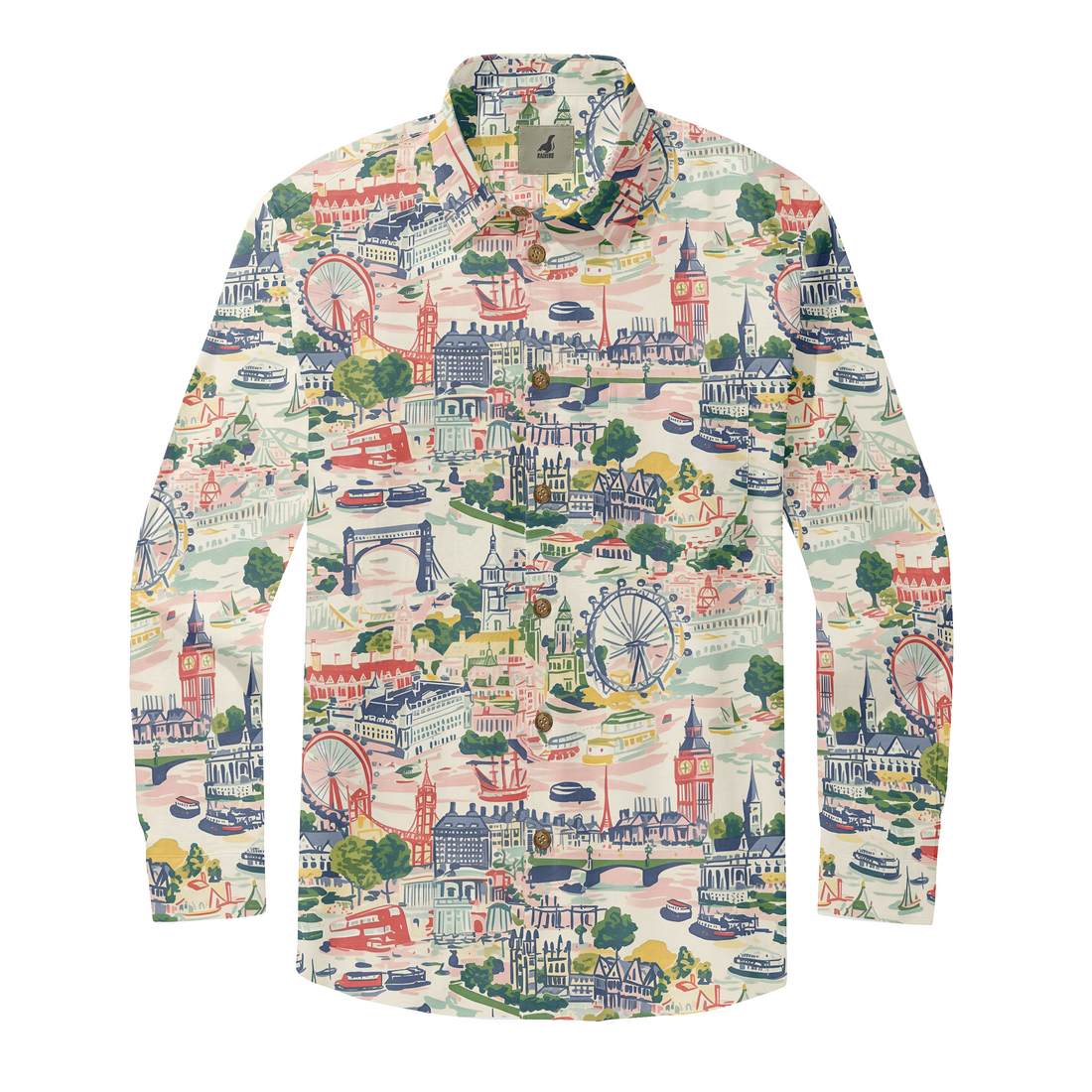 A long-sleeve shirt with a colorful London-themed pattern featuring.