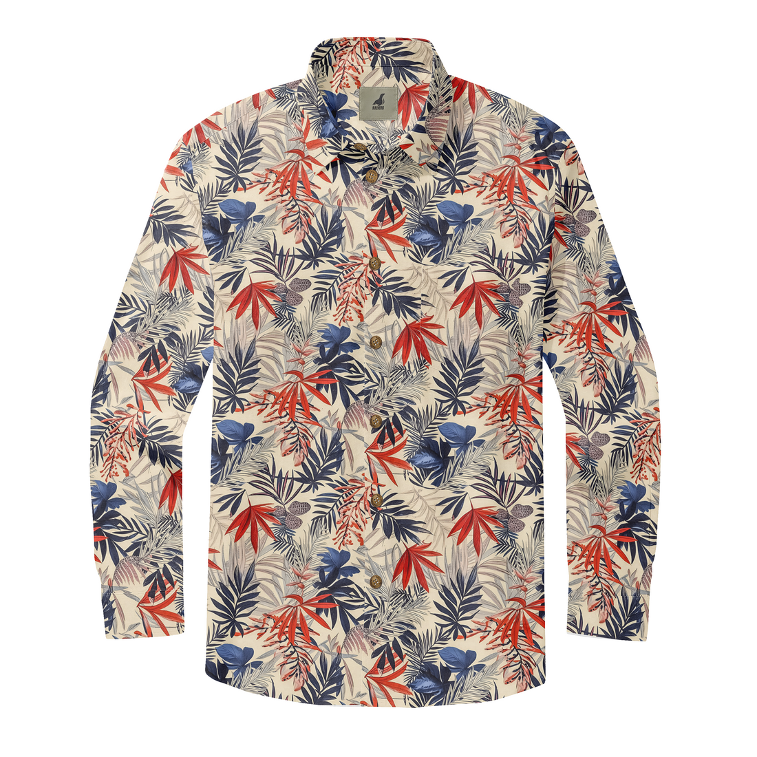 Beige shirt with red and blue tropical leaf print.