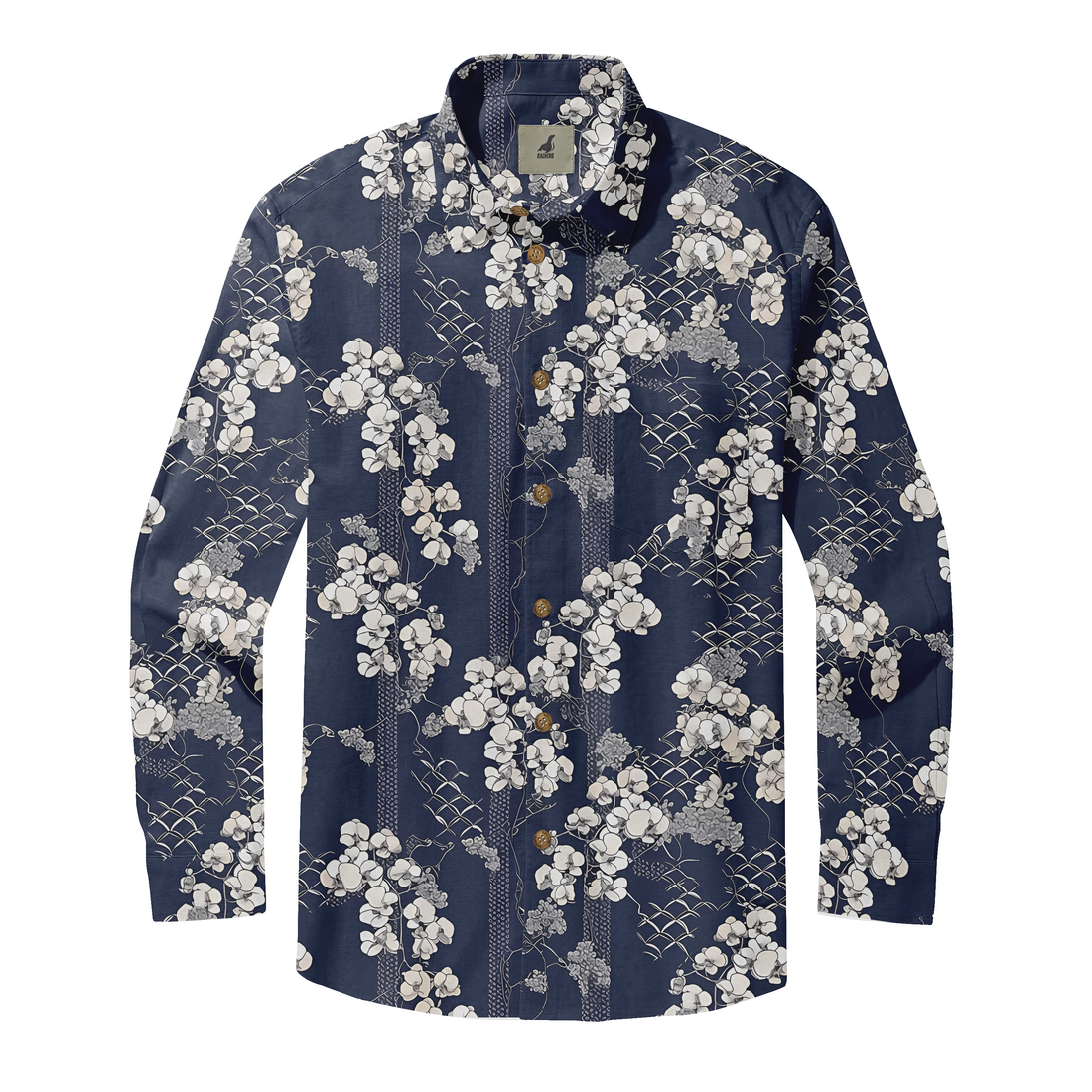 Navy blue long-sleeve shirt with white floral and geometric pattern.