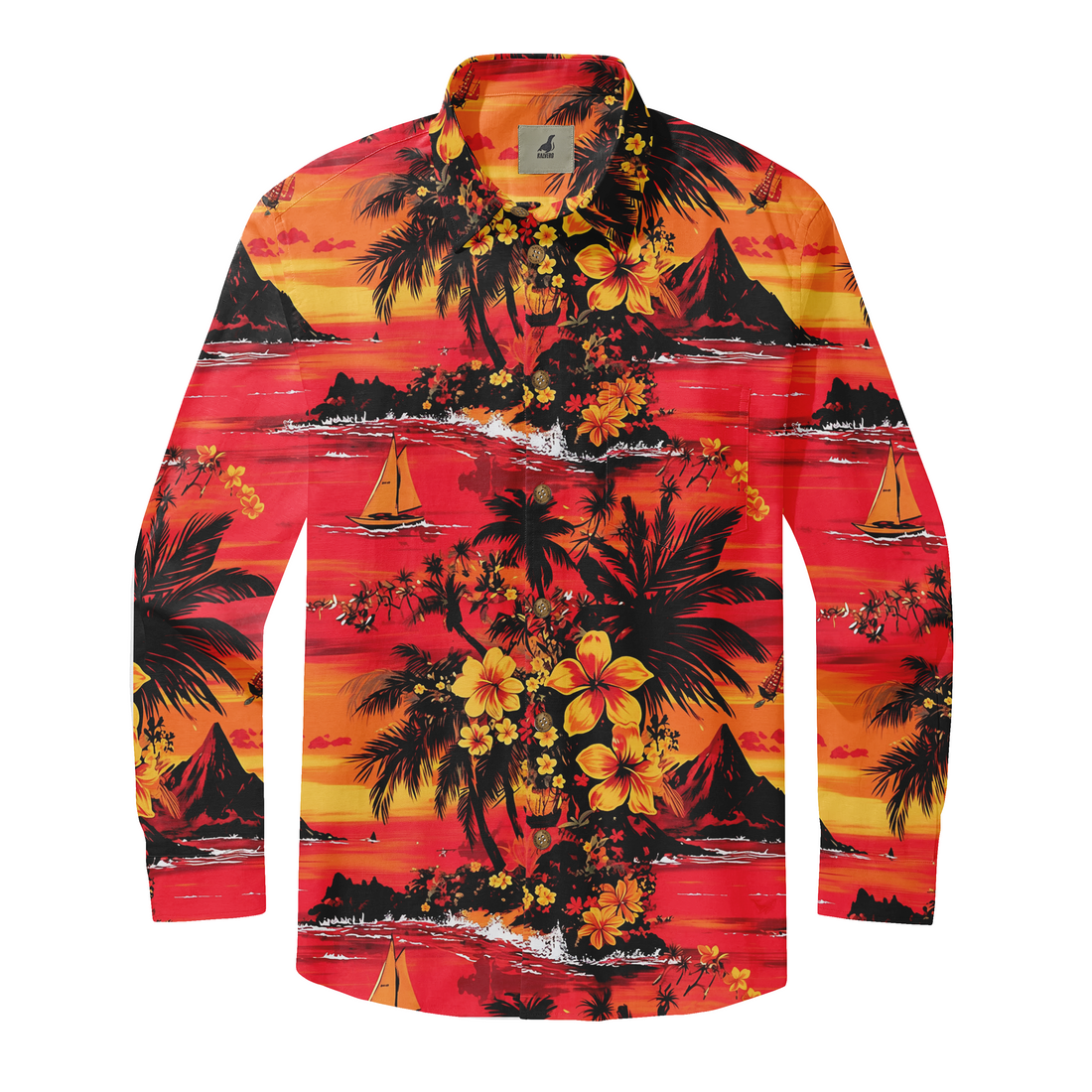 Vibrant Hawaiian shirt with tropical palm trees, flowers, sailboats.